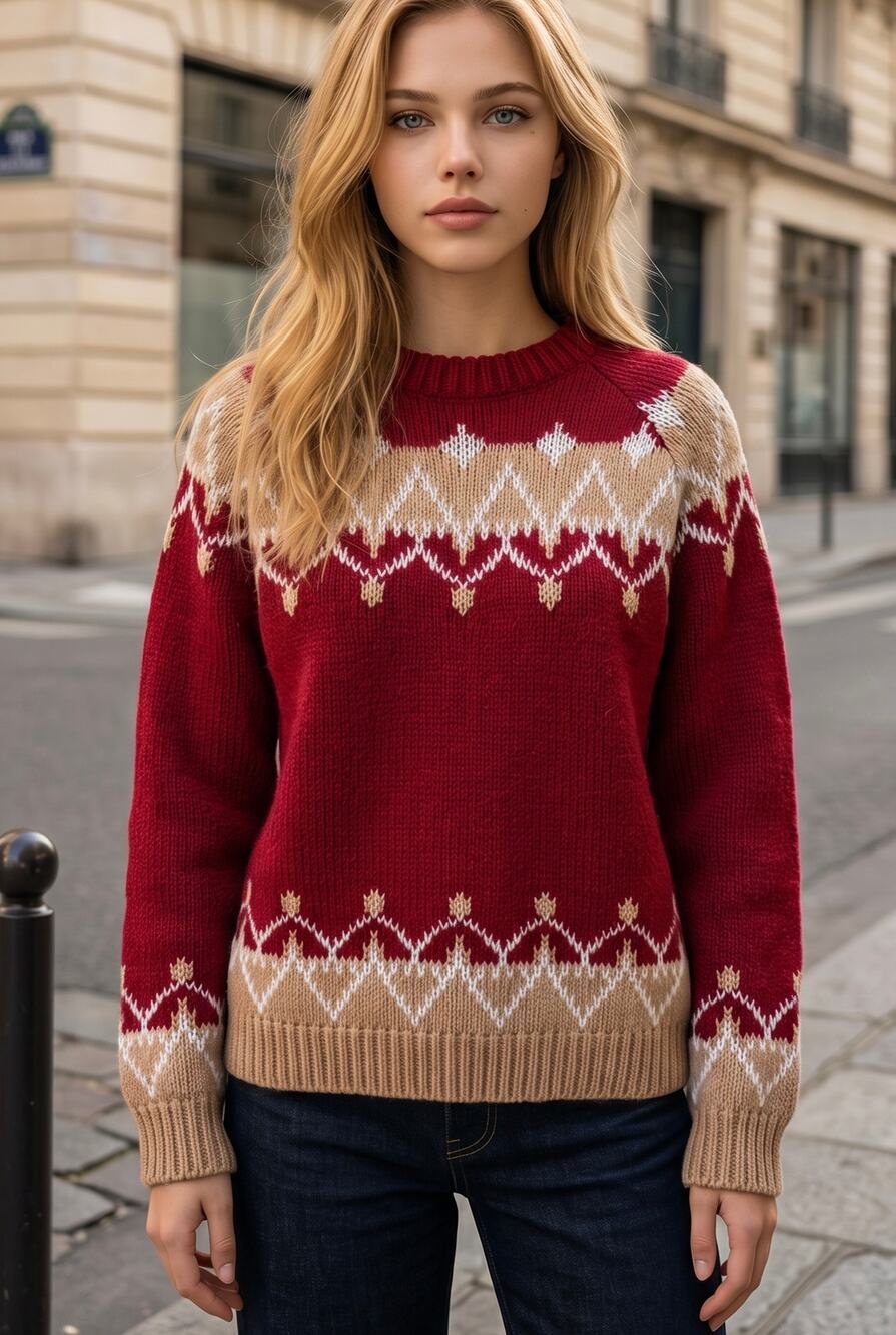 Red Fair Isle 100% Mohair Chunky Knit Sweater Size Medium Nordic Cozy